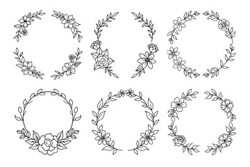 Floral Wreath Set with Flowers and Foliage, Decorative Elements Outlines on White