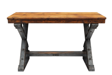 Rustic reclaimed wood console table with a sleek industrial metal base perfect for entryways or living rooms Dark rich wood tones on transparent background