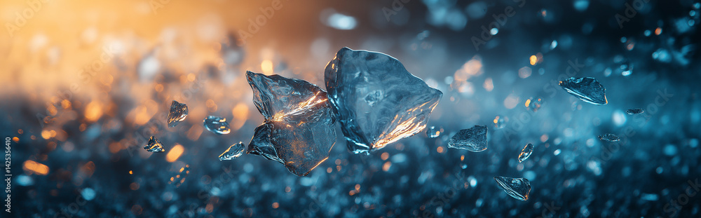 Aufkleber abstract image of ice fragments floating in a blue and orange space with bokeh background effect
