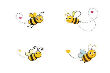 Flying Cartoon Bees Set with Dashed Lines and Heart Shapes on a White Background
