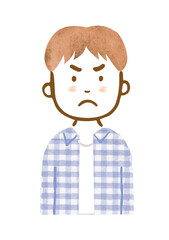 チェック柄のシャツを着た男性の上半身イラスト（手描き風・怒った顔）