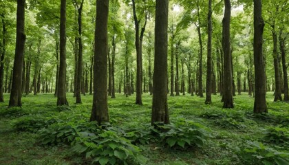 Obraz premium Tranquil Forest Scene with Lush Green Trees and Verdant Underbrush in Bright Natural Light