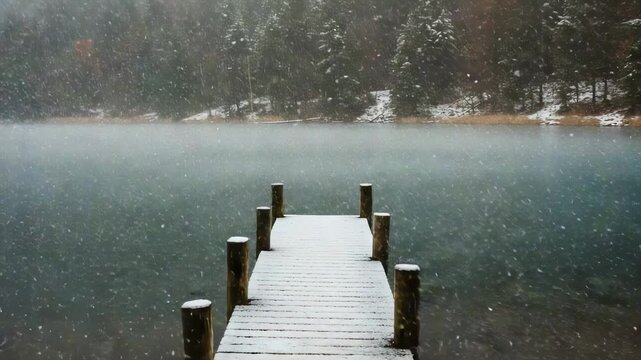 Serene winter scene featuring a snow-covered dock extending into a misty lake surrounded by trees - pictures of snowfall