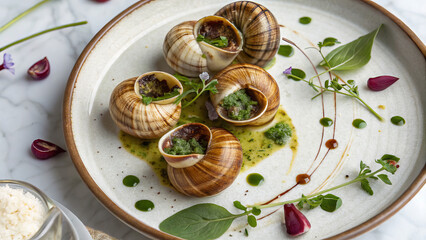 Escargots de Bourgogne - grape snails with garlic butter. Restaurant serving. Haute cuisine - gourmet dish