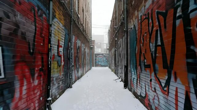 Snow-covered alleyway adorned with vibrant graffiti, creating an urban winter scene - pictures of snowfall