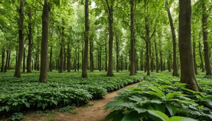 Fototapeta premium Lush Green Forest with Tall Trees and Pathway Surrounded by Vibrant Underbrush in Bright Natural Light
