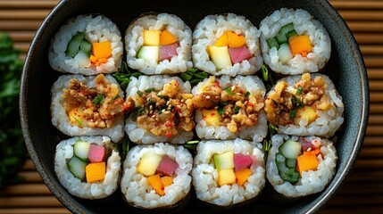 Colorful veggie sushi rolls in dark bowl