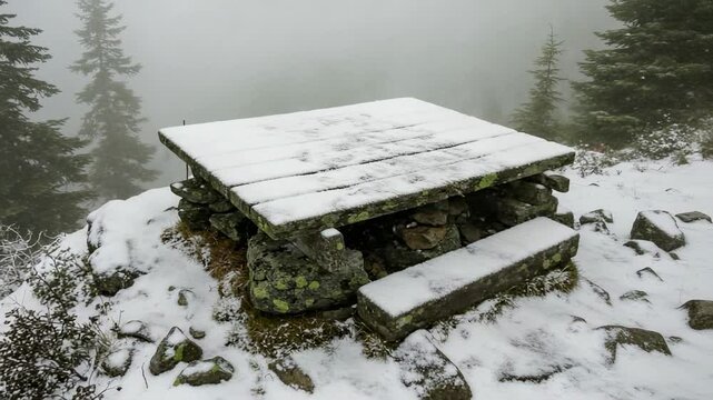 Snow-covered stone picnic table in a misty forest, surrounded by tall evergreen trees - pictures of snowfall