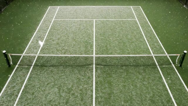 Aerial view of a tennis court during a light snowfall, showcasing the green surface and white lines - pictures of snowfall