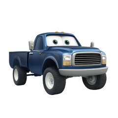 Blue truck character from animated film drives through colorful landscape during bright daylight