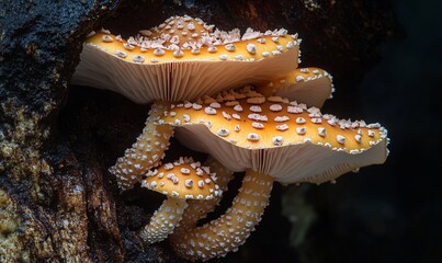 Orange Mushrooms with White Dots Cluster on Dark Background