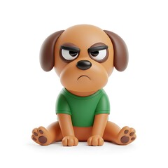 3D Cartoon Dog with Annoyed Expression Sitting Down Wearing a Green Shirt and Posing Playfully