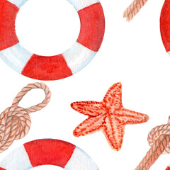 Lifebuoy, reef knot, starfish watercolor seamless pattern isolated on white. Hand painted clip art perfect for wrapping paper, packaging travel, voyage design, advertisements, guides and logo decor