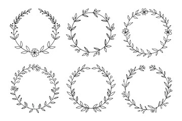 Six Floral wreath Frames with Leaves and Berries. Circle shape with Botanical Elements