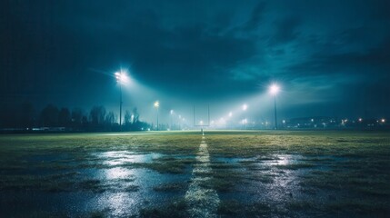 Empty football field under night lights, wet grass glistening. Solitude and anticipation before the game.