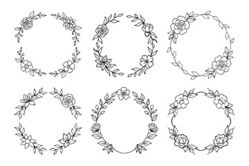 Fototapeta premium Six Floral Wreath Sketches with Leaves, Branches, and Flowers on White Background
