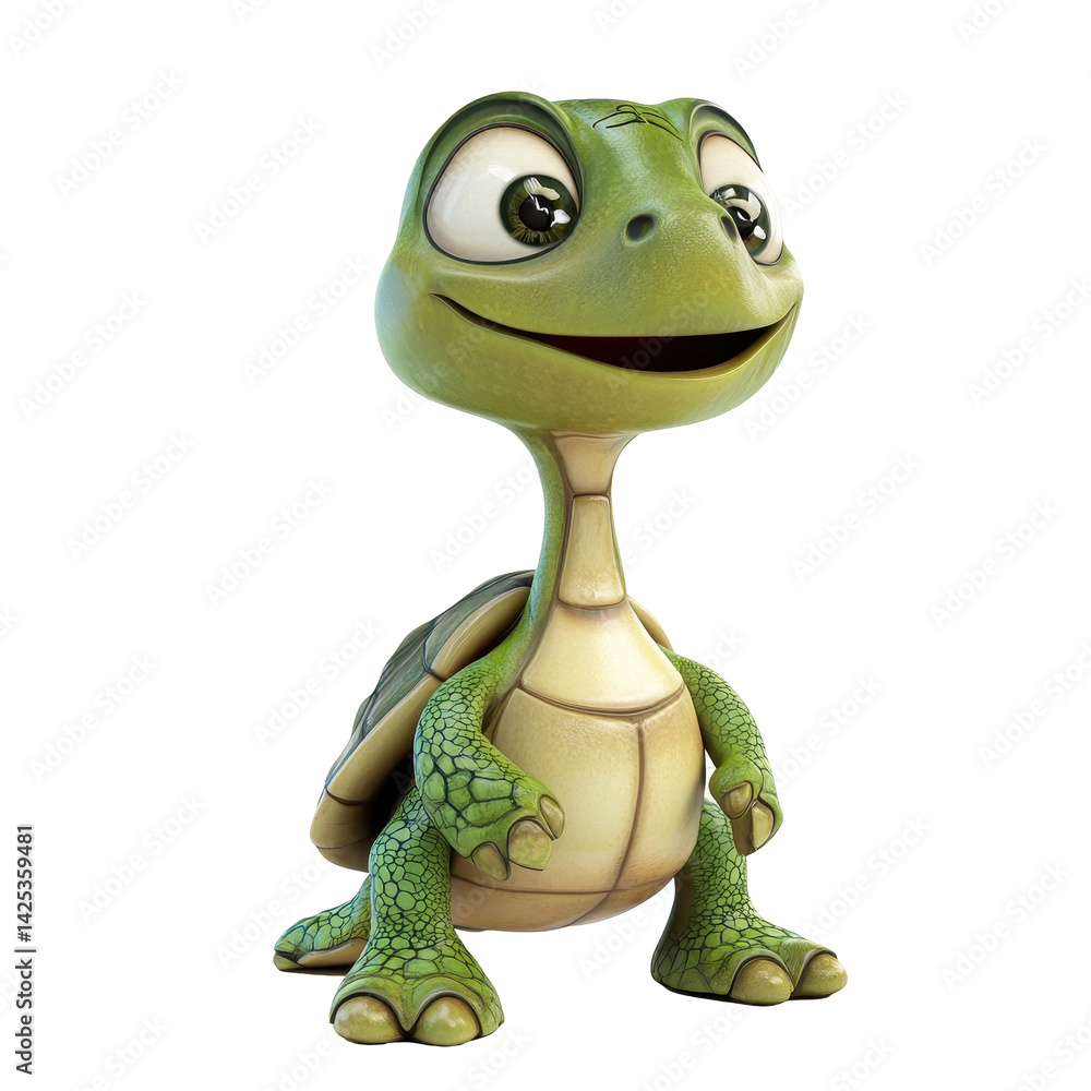 Poster smiling cartoon turtle character with big eyes and happy expression, ready for adventures in a playf