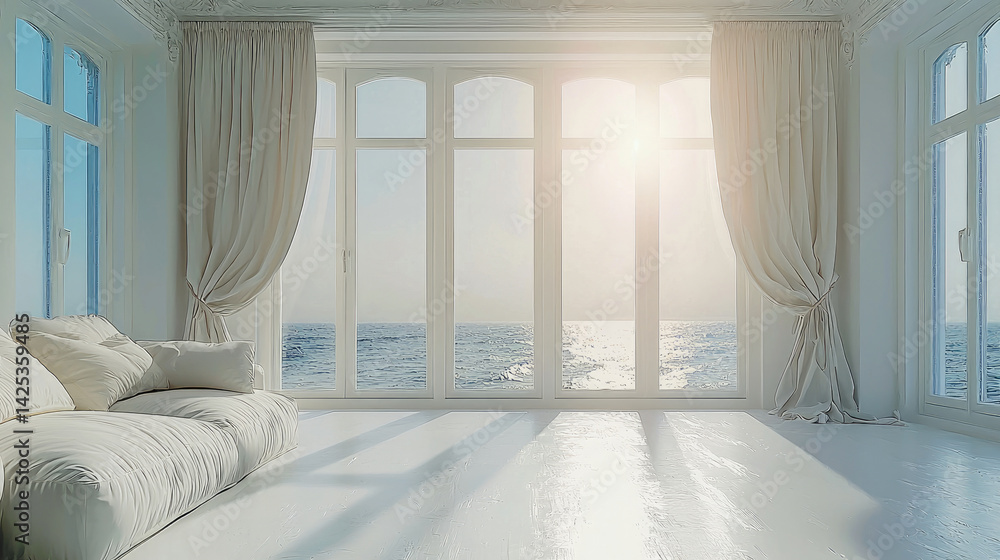 Aufkleber serene interior space featuring large windows that offer stunning view of ocean. room is bright and 