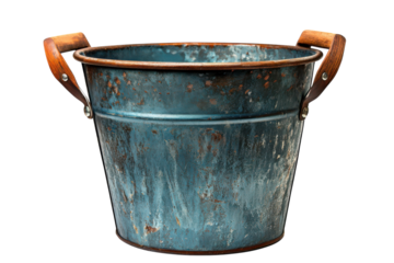 Rustic Teal Metal Bucket with Wooden Handles Aged Texture Isolated on Black Background Perfect for Vintage Decor and Farmhouse on transparent background