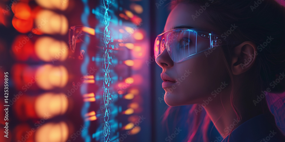 Poster a woman with futuristic glasses looking at a screen with glowing lights and digital patterns display