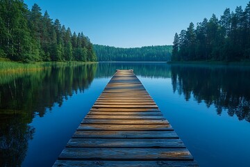 Obraz premium Serene lake scene with wooden pier and forest reflections in finland