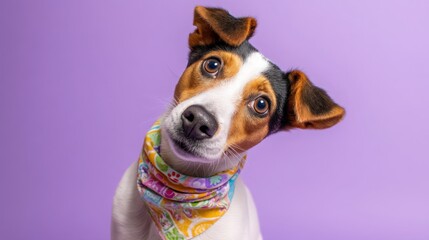 Curious Jack Russell Terrier tilting head on a purple background, wearing a colorful bandana, representing pet ownership and playful nature. Ideal for pet care, animal lovers, veterinary clinics.