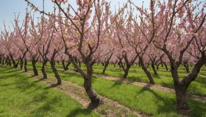 Fototapeta premium Lush Peach Blossom Orchard with Vibrant Pink Flowers and Green Grass Under Clear Blue Sky in Springtime Beauty