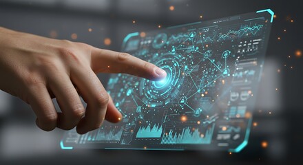 Finger Touching Glowing Screen with Data