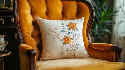 Embroidered Floral Throw Pillow on Chair