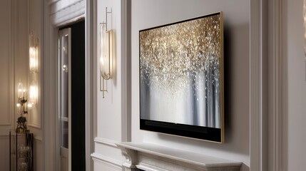 A modern TV framed as art on a minimalist wall, blending technology with timeless elegance.