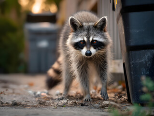 Curious raccoon standing near a trash can in a suburban setting, representing scavenging and adaptability. Ideal for wildlife documentaries, nature blogs, and urban ecology studies.