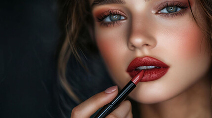 Woman Applying Red Lipstick Close Up