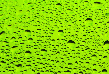 Rain drops on window glass. Natural Pattern of raindrops. Water droplets on a green background.
