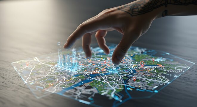 Hand Interacting with City Map Interface