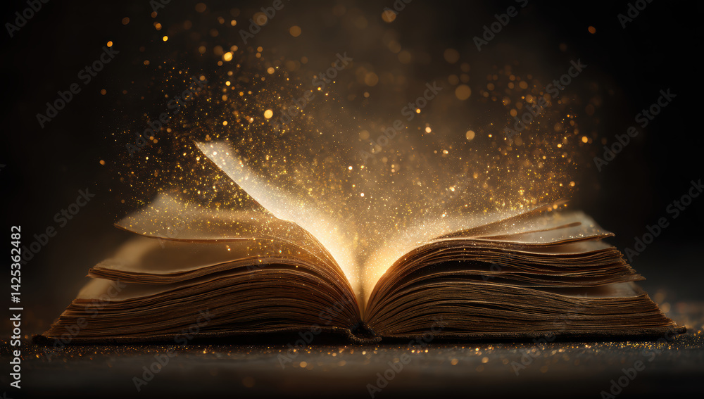 Poster open ancient book with shimmering pages emits magical glow, creating captivating atmosphere