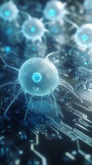 Obraz premium 3D render of multiple light blue eukaryotic cells, with visible nuclei, hovering over a high-tech circuit board; some cells are in focus while others softly blur in the background