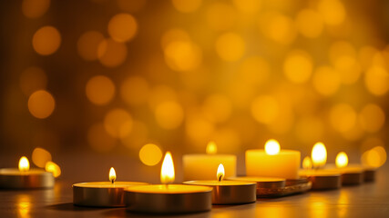 Burning candles on floor in darkness.