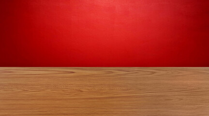 Empty wooden table on red wall background.