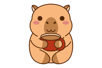 Cute kawaii capybara with coffee cup. Happy Capybara clipart animal illustration. Water guinea pig. Stock vector illustration isolated on white background.