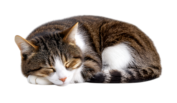Cute Sleeping Cat - Adorable kitten peacefully sleeping on transparent background. Perfect for stickers, design elements, and pet-themed content.