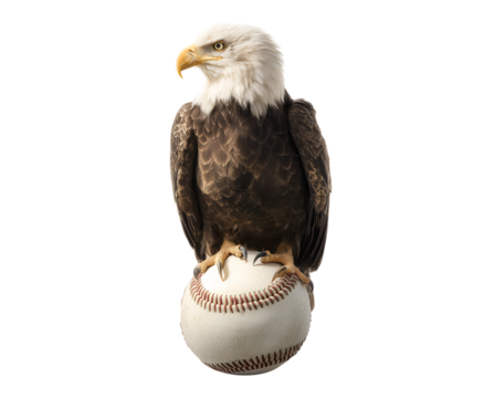 a confident bald eagle perched on a large baseball, representing American sports pride, perfect for baseball event promotion on transparent background - Powered by Adobe