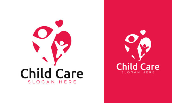 Child care logo design. Symbol with two silhouette and heart concept for hospital icon