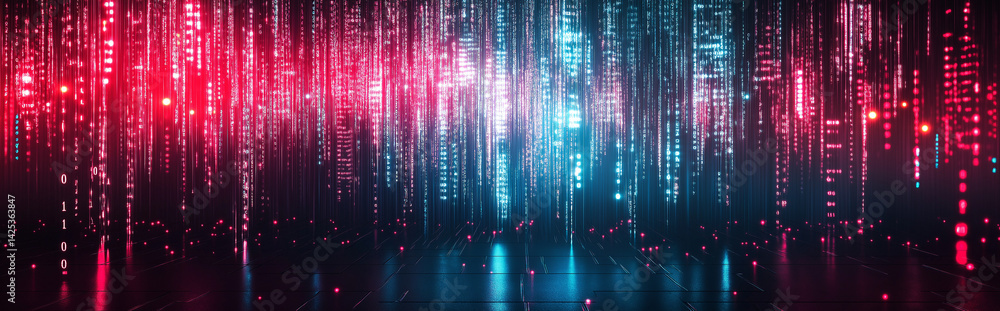 Poster abstract digital binary code rain with red and blue lights on a reflective surface background scene