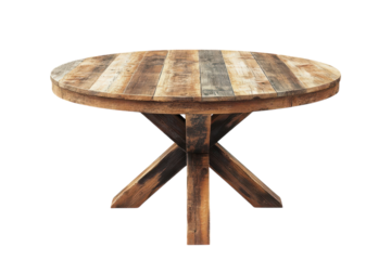 Rustic reclaimed wood round dining table perfect for farmhouse or industrial style homes Unique X base design rich warm tones on on transparent background