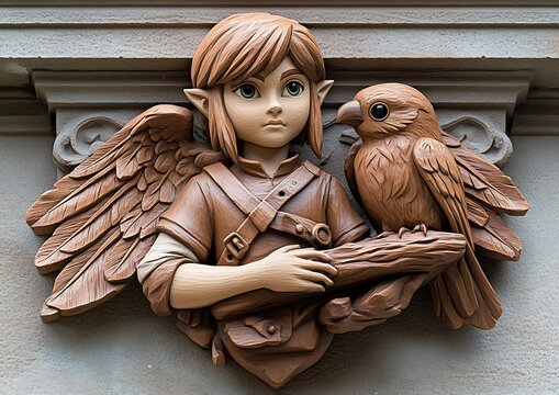 Fototapeta Sculpted Hero & Bird on Building
