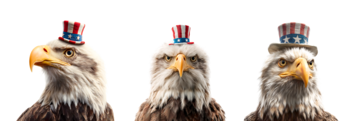 a cute yet powerful bald eagle wearing a small Uncle Sam hat, symbolizing 4th of July celebration on transparent background