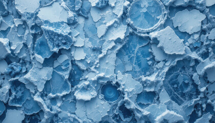 Close-up view of ice crystals and frozen textures in blue tones.