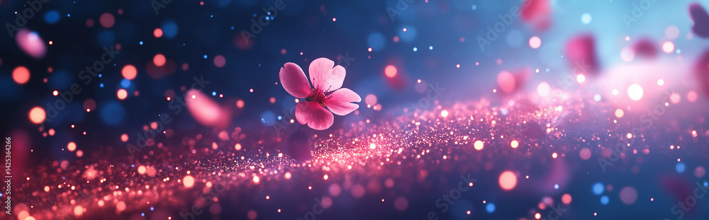 Aufkleber a single pink flower with petals floating in a dreamy ethereal space with bokeh lights and sparkles