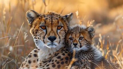 Obraz premium Cheetah Cub Resting On Its Mother'S Back In Dry Grass, Eyes Peeking Through, Intimate Safari Moment 