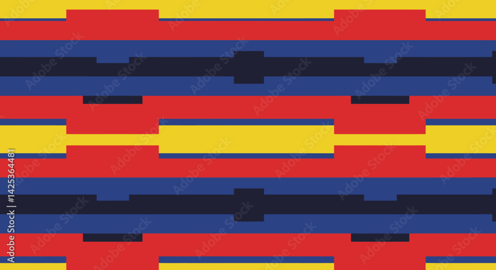Poster a repeated pattern of colored horizontal lines segmented and staggered creating an abstract design